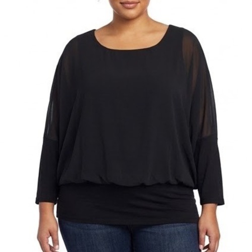 Joseph A. Woman Black Dolman Sleeve Blouson Top Sheer Layered Blouse 3X NWT